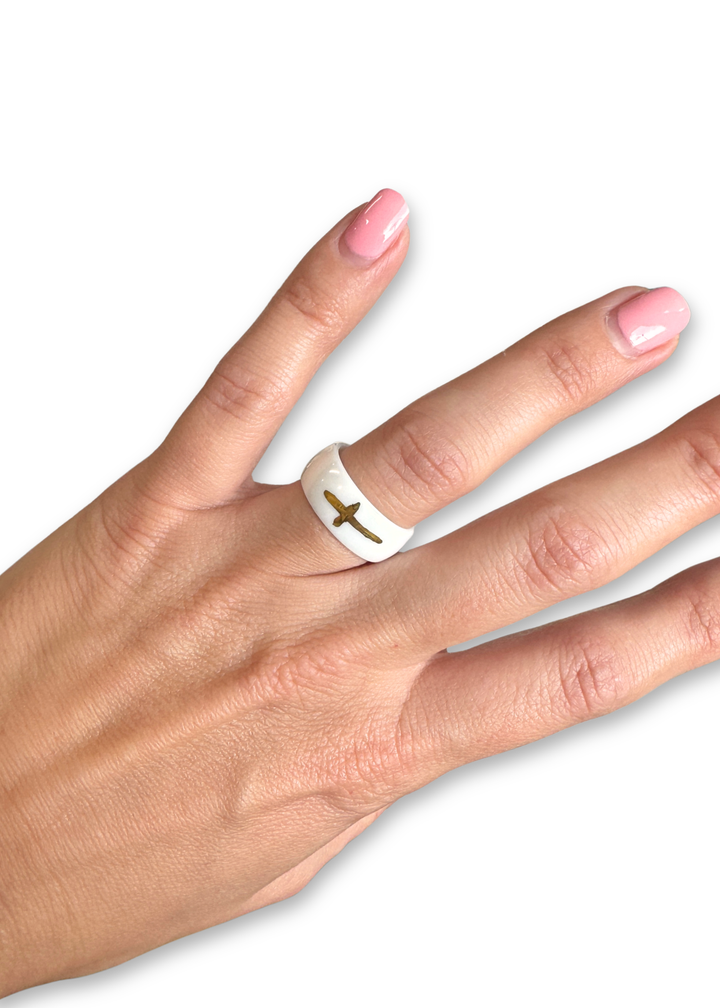 Hand-Painted Cross painted in gold Porcelain Ring