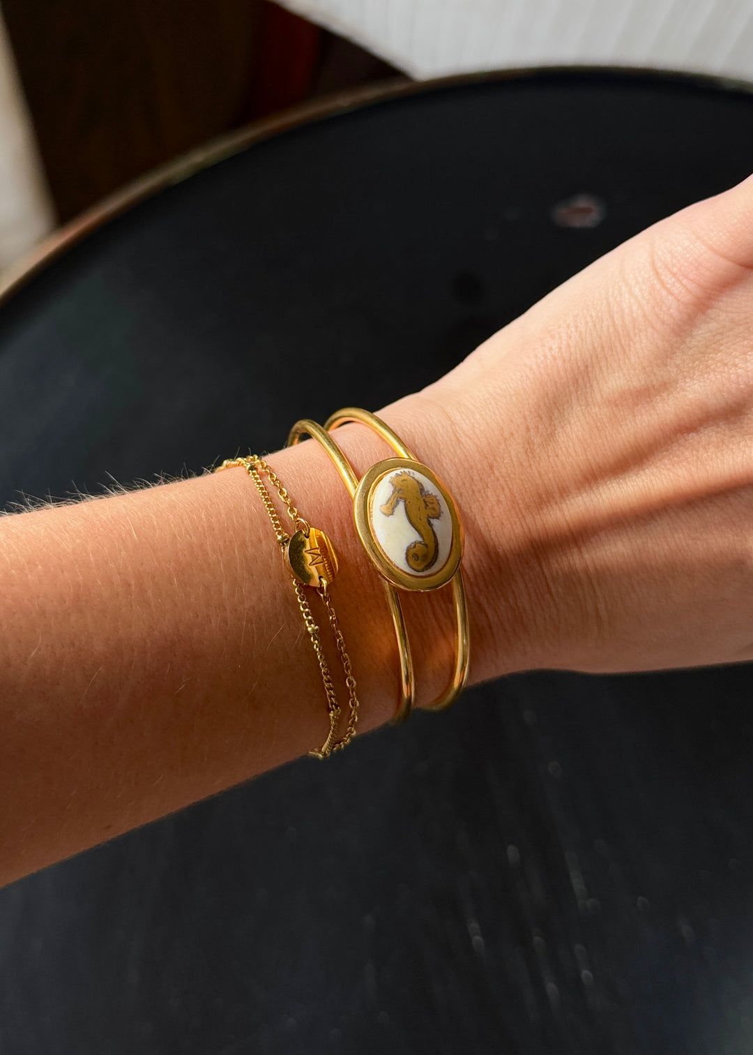 Gold Seahorse Porcelain Pendant Gold Cuff Bracelet