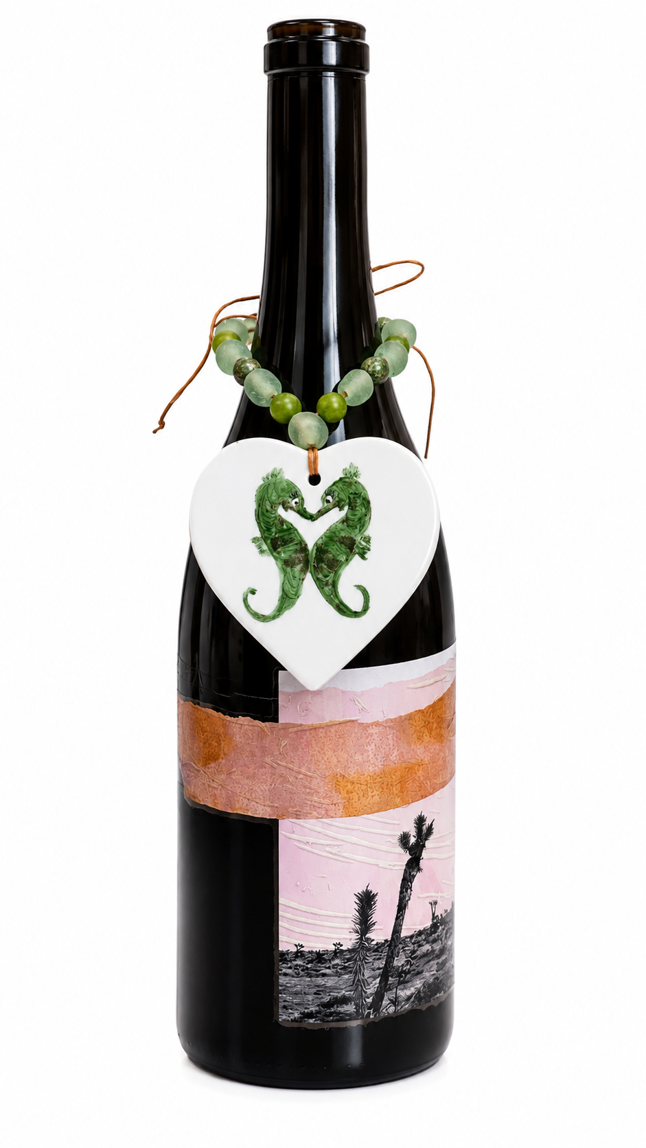 Hand-Painted Green Seahorse Heart Porcelain Bottle Tag