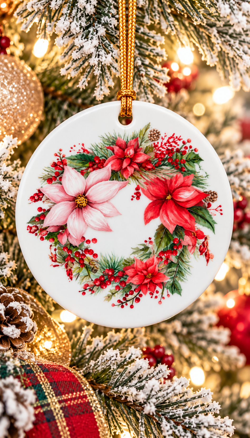 Hand-Painted Poinsettia Wreath Porcelain Christmas Ornament