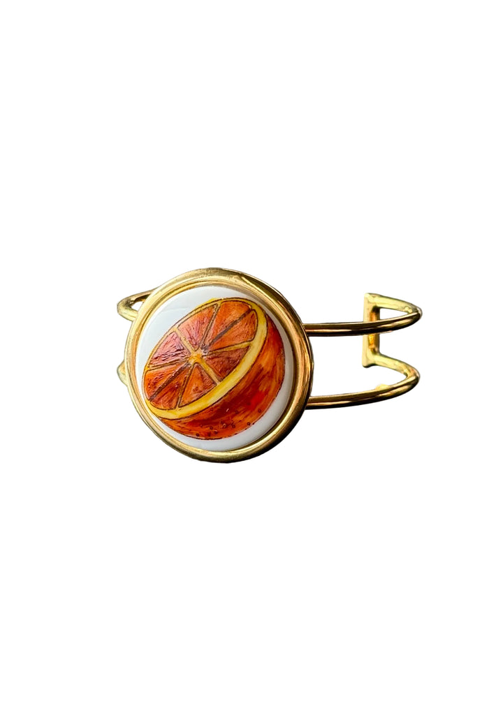 Hand-Painted Orange Slice Porcelain Pendant Gold Cuff Bracelet
