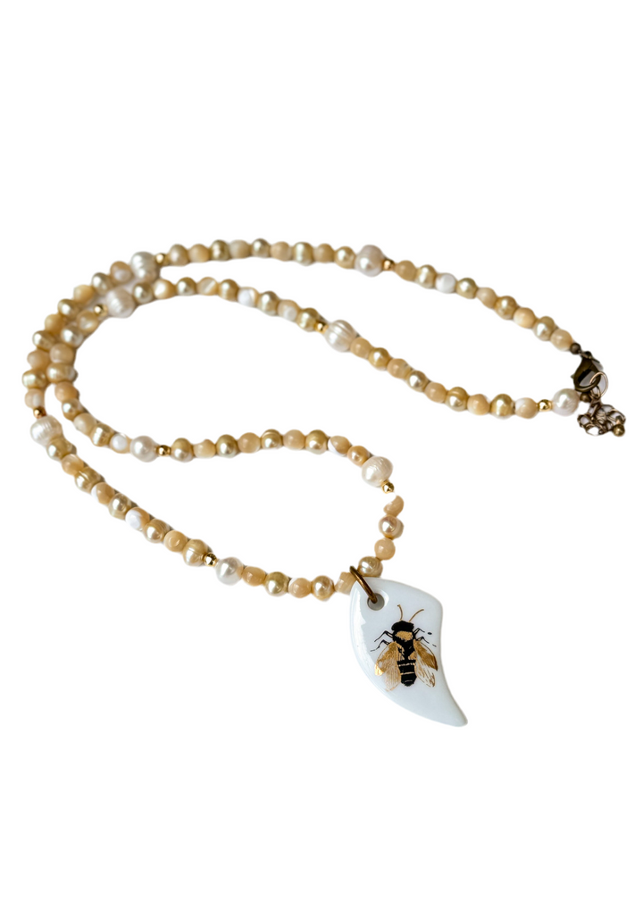 Bee Pearl Necklace Nature Lover Jewelry Beaded