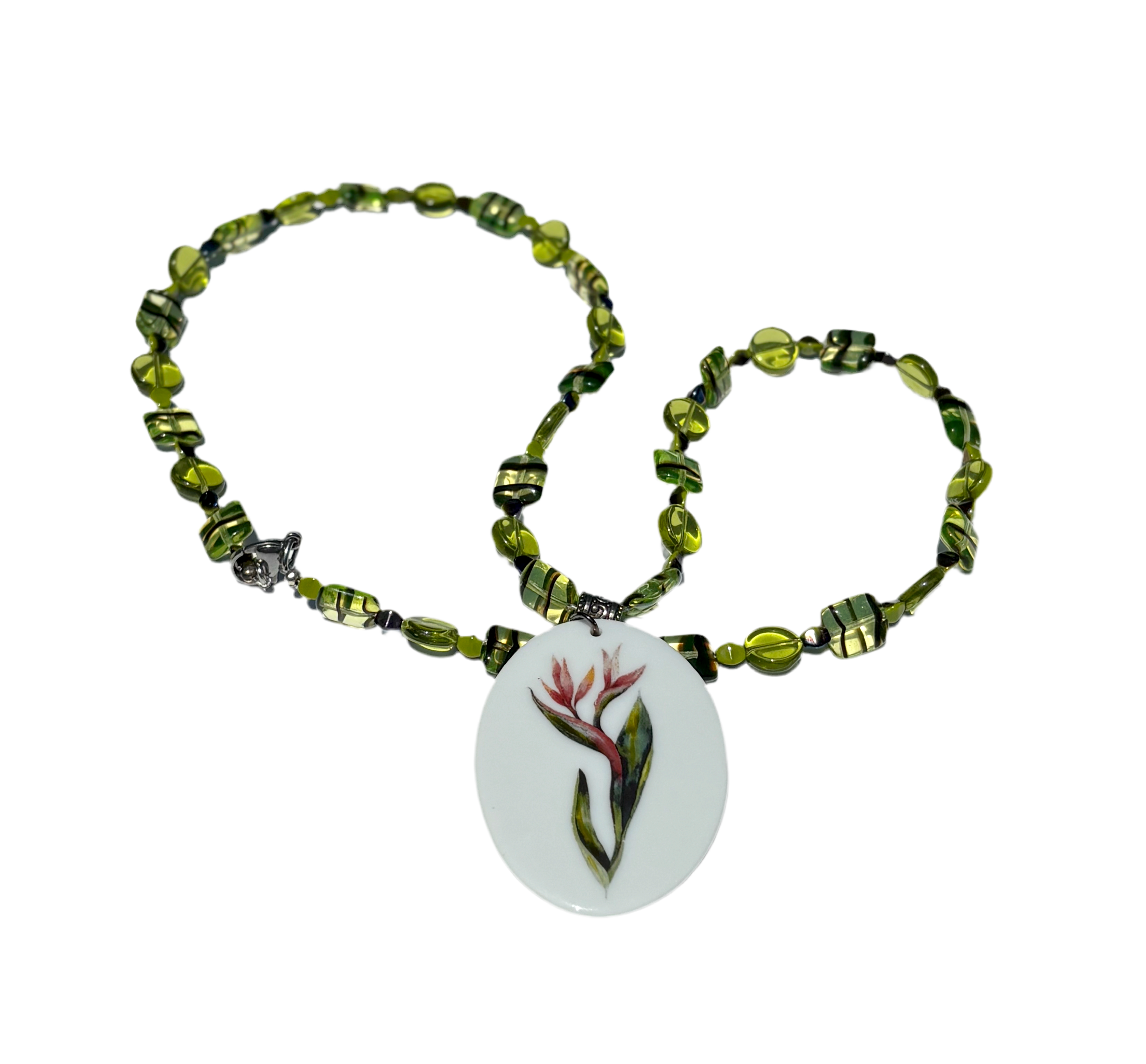 Floral Oval Porcelain Pendant Beaded Necklace