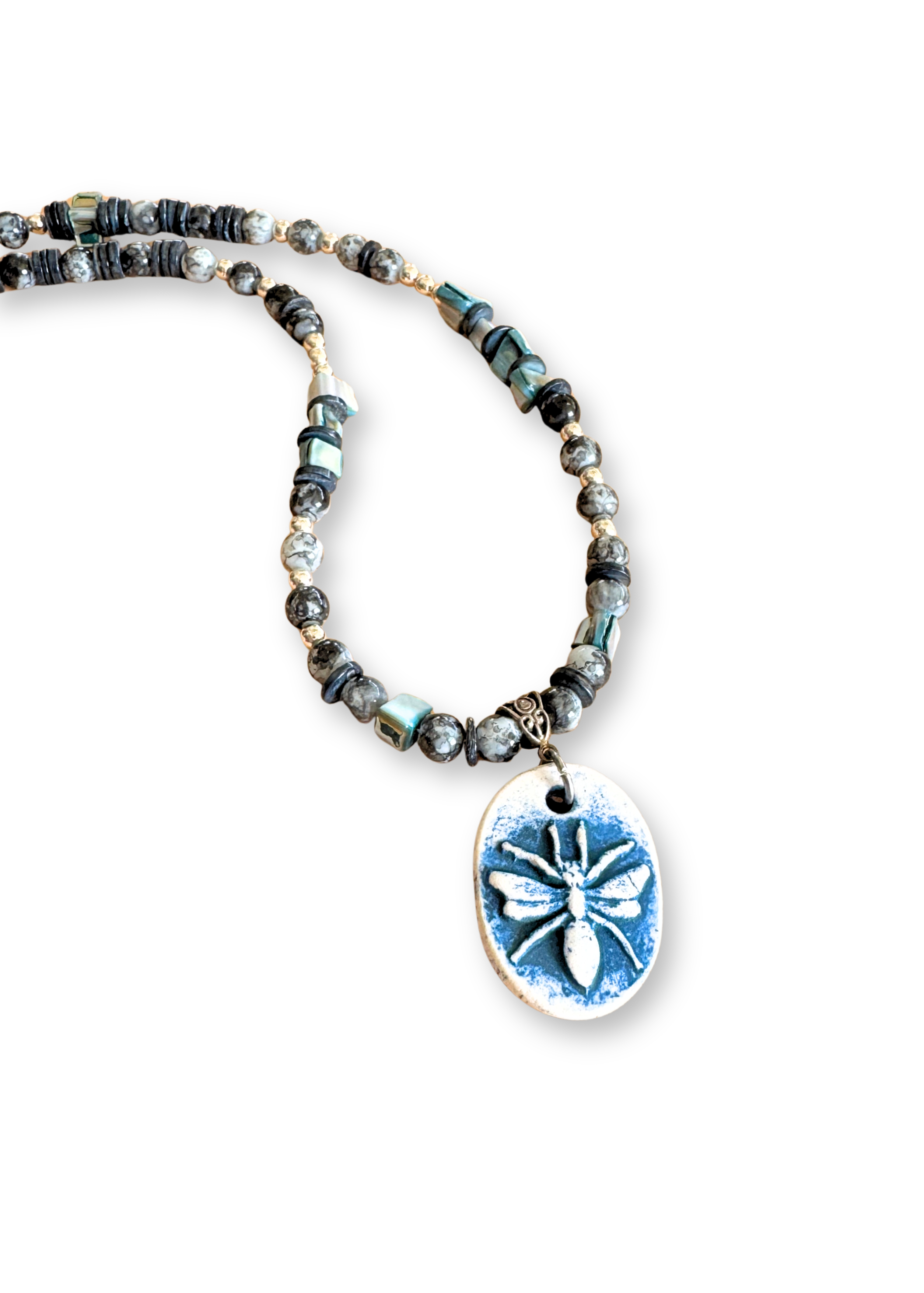 Dragonfly Porcelain Pendant Beaded Necklace