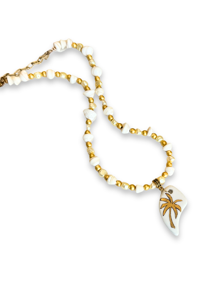 Coastal Golden Palm Tree Porcelain Beaded Necklace