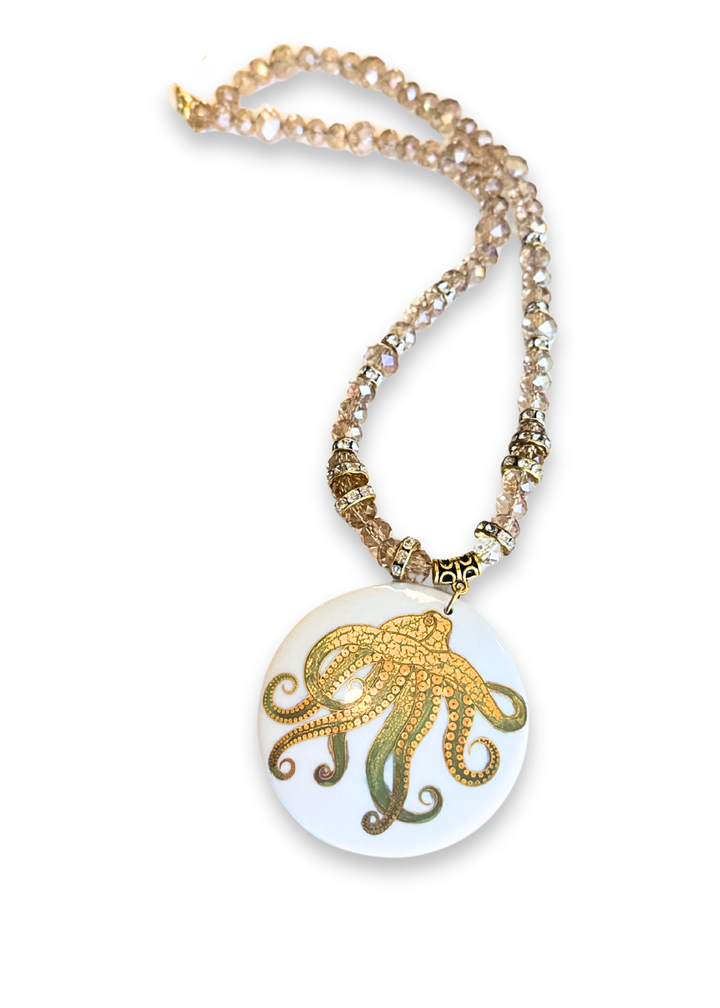 Coastal Gold Octopus Sea Life Porcelain Pendent Necklace
