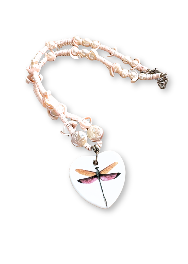 Dragonfly Porcelain Heart Pendant Necklace