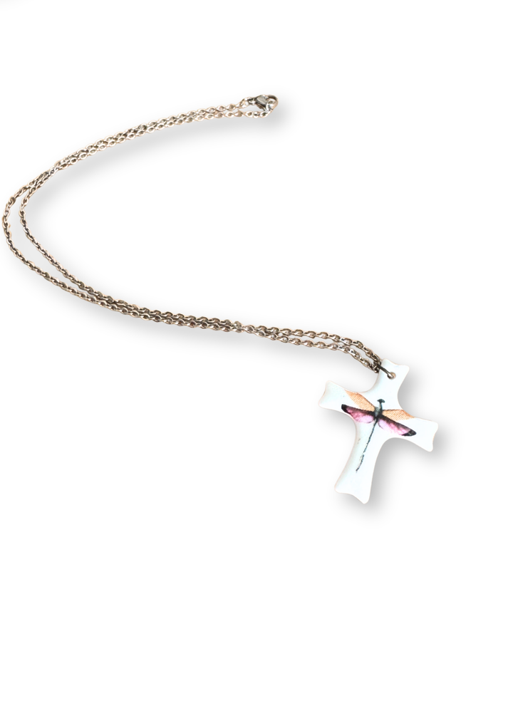 Dragonfly Cross Porcelain Necklace