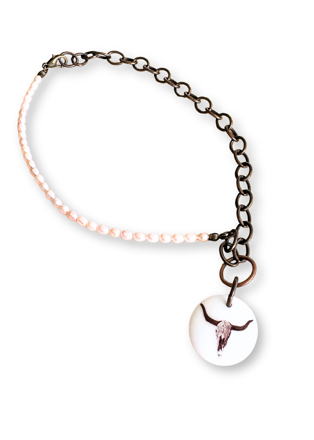 Western Cowboy Pendant Necklace Pearl Chain skull