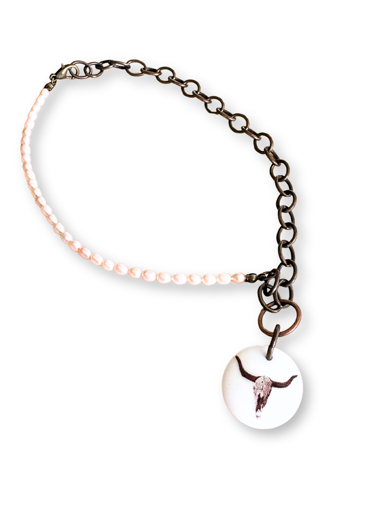 Western Cowboy Pendant Necklace Pearl Chain skull