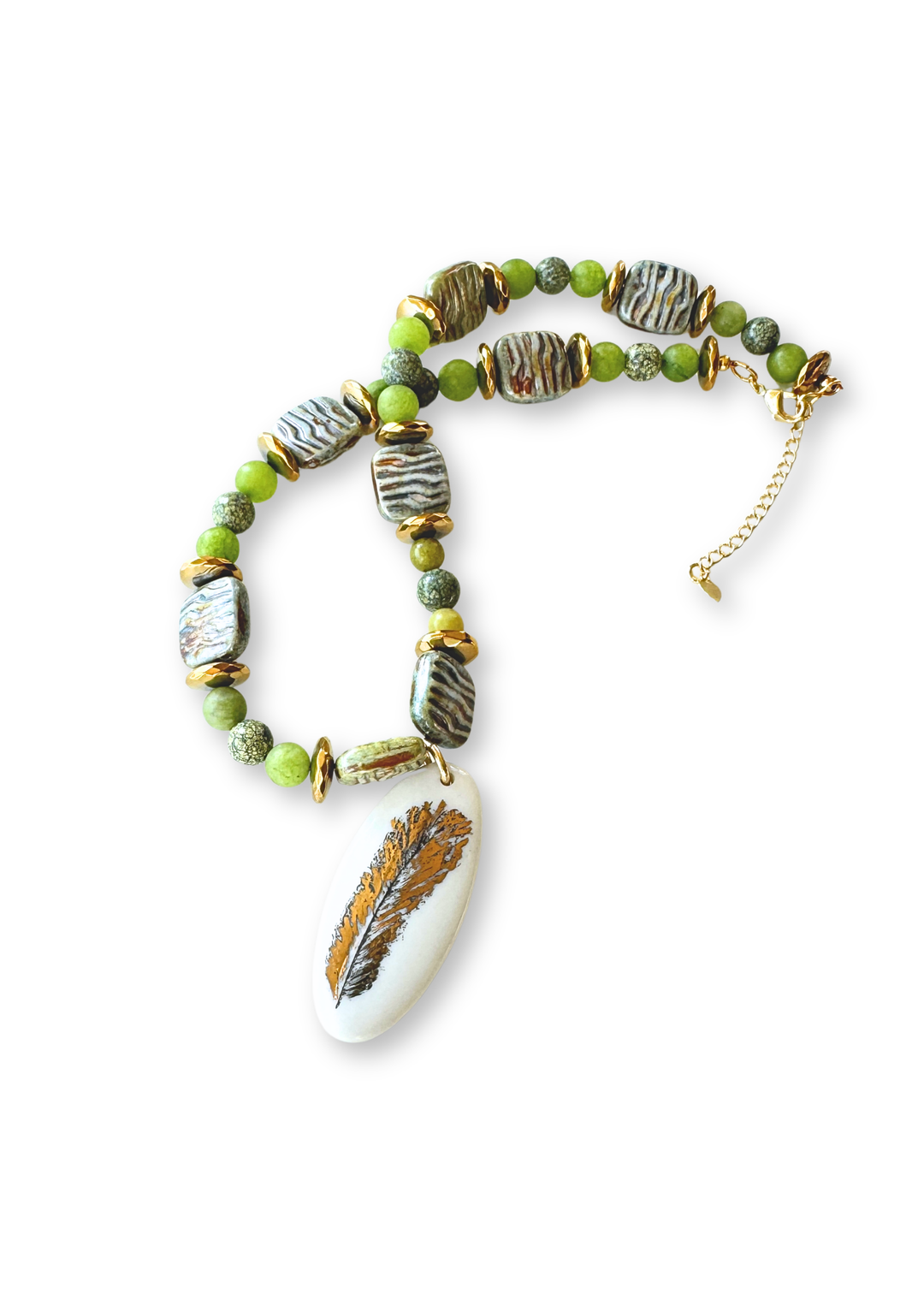 Golden Feather Porcelain Pendant Necklace