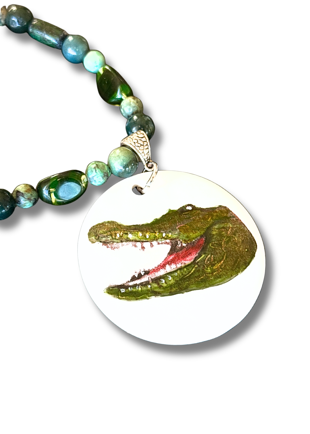 Hand Painted Porcelain Pendent Gator Game Day Beaded Necklace