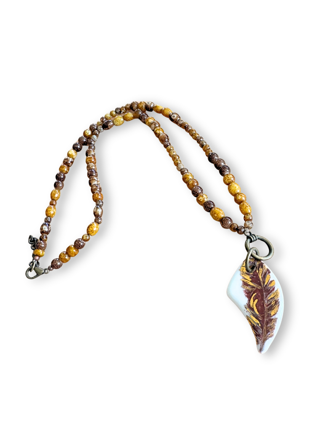 Feather Porcelain Pendant Beaded Necklace