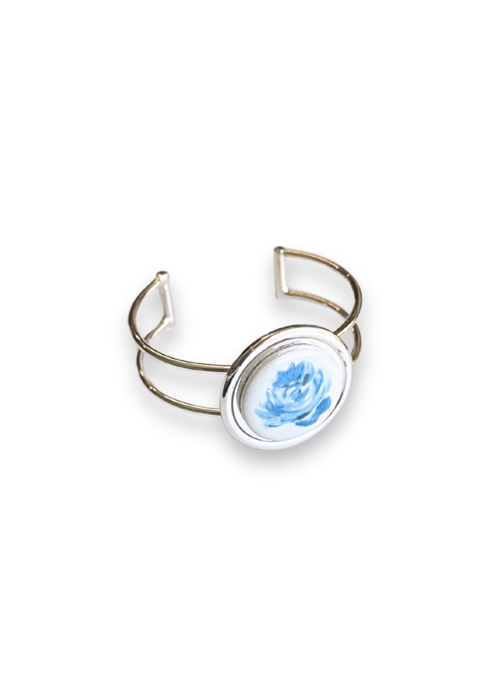 Blue Flower in Bloom Porcelain Cuff Silver Bracelet