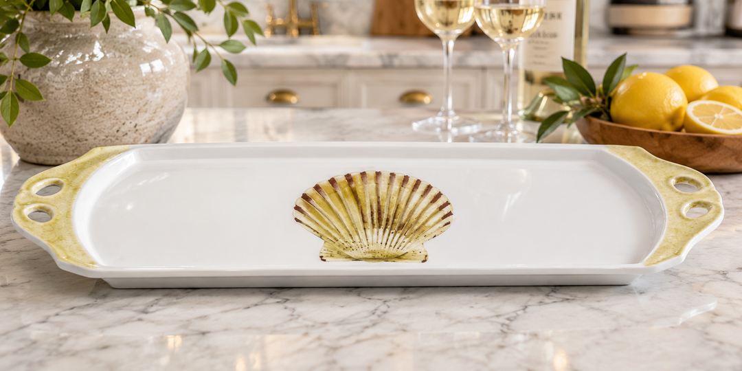 Hand-Painted Scallop Shell Porcelain Serving Platter – Coastal Entertaining Tray