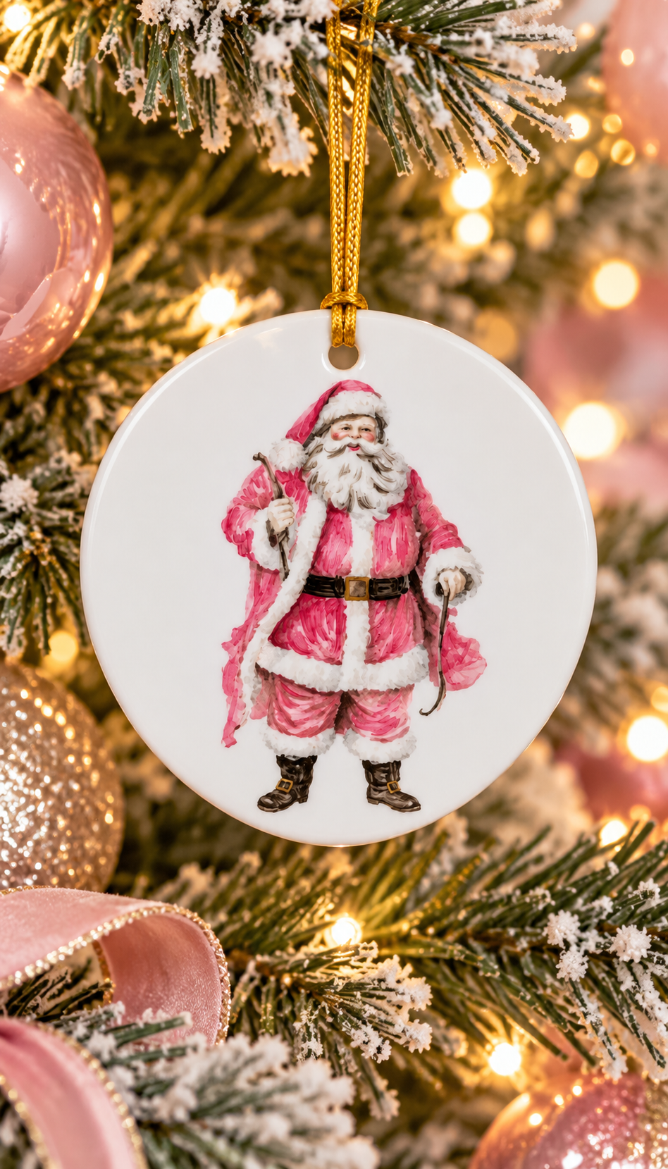 Hand-Painted Pink Santa Porcelain Christmas Ornament