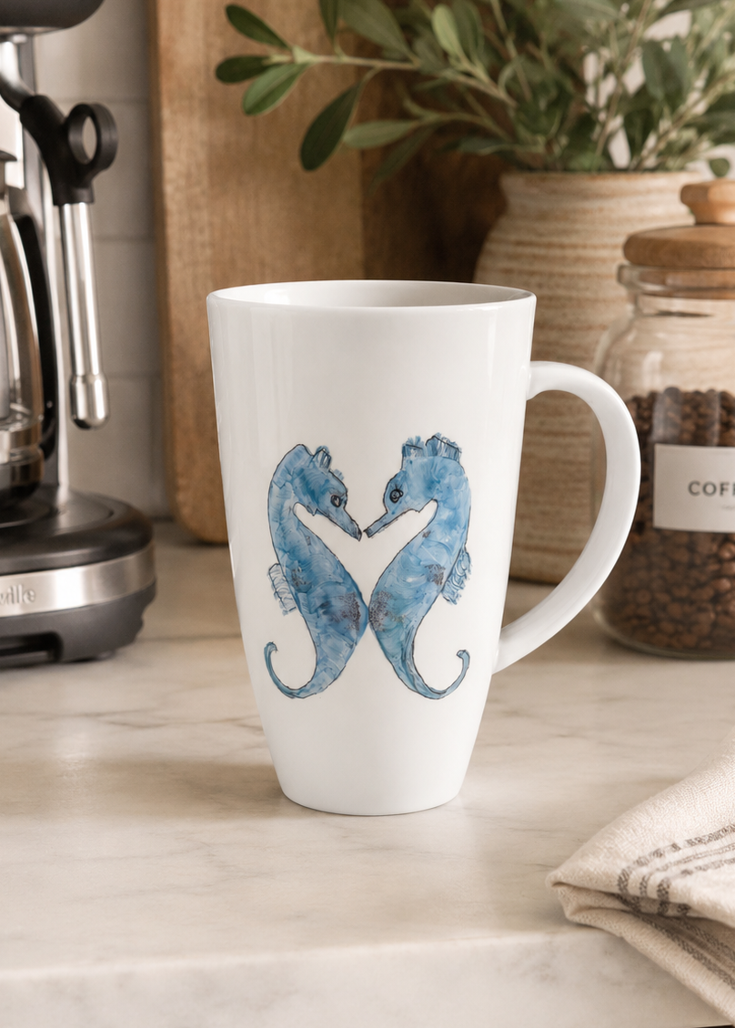 Hand-Painted Blue Seahorse Latte Mug – Coastal Coffee Cup for Beach Lovers