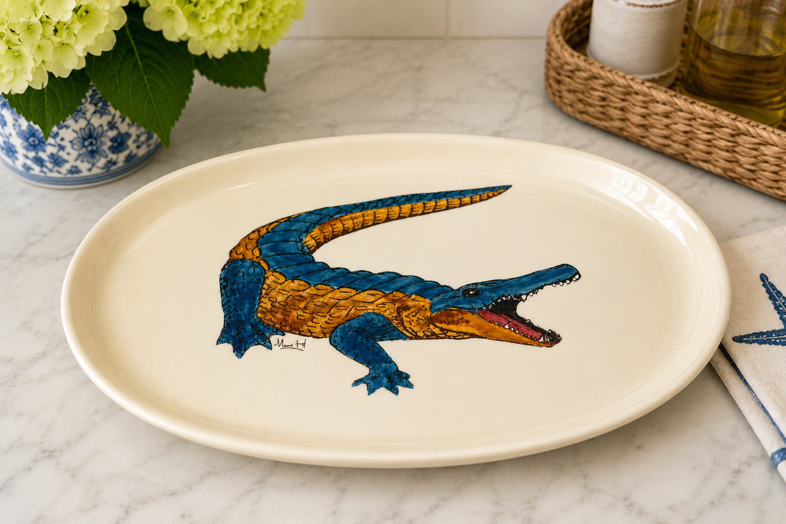 Hand-Painted Alligator Porcelain Serving Platter – Cream Coastal Entertaining Tray