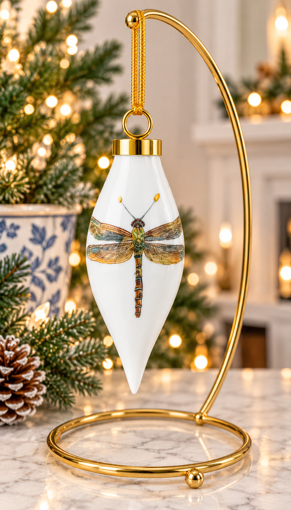 Hand-Painted Dragonfly Porcelain Christmas Ornament