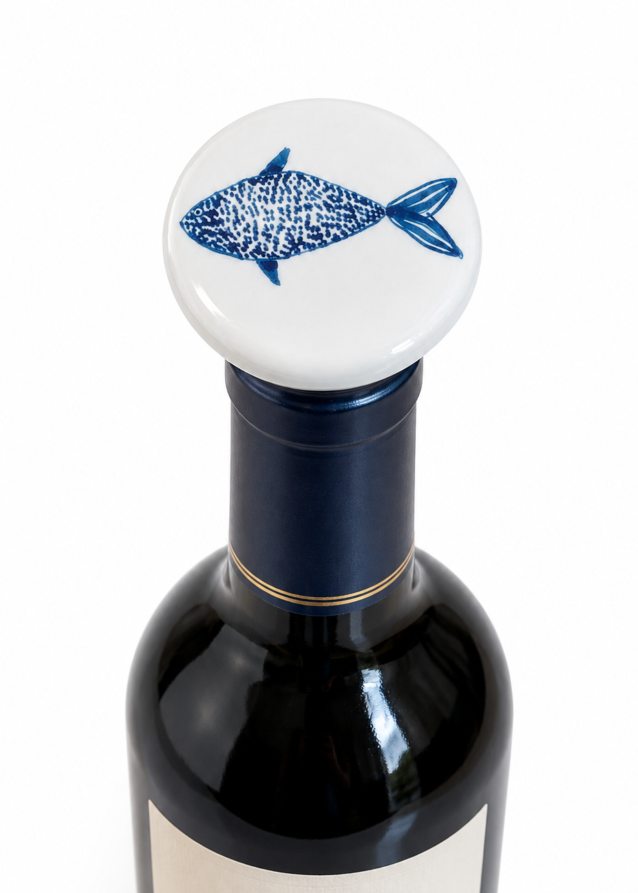 Coastal Fish Porcelain Wine Stopper | Blue Fish Bottle Topper | Coastal Kitchen & Hostess Gift