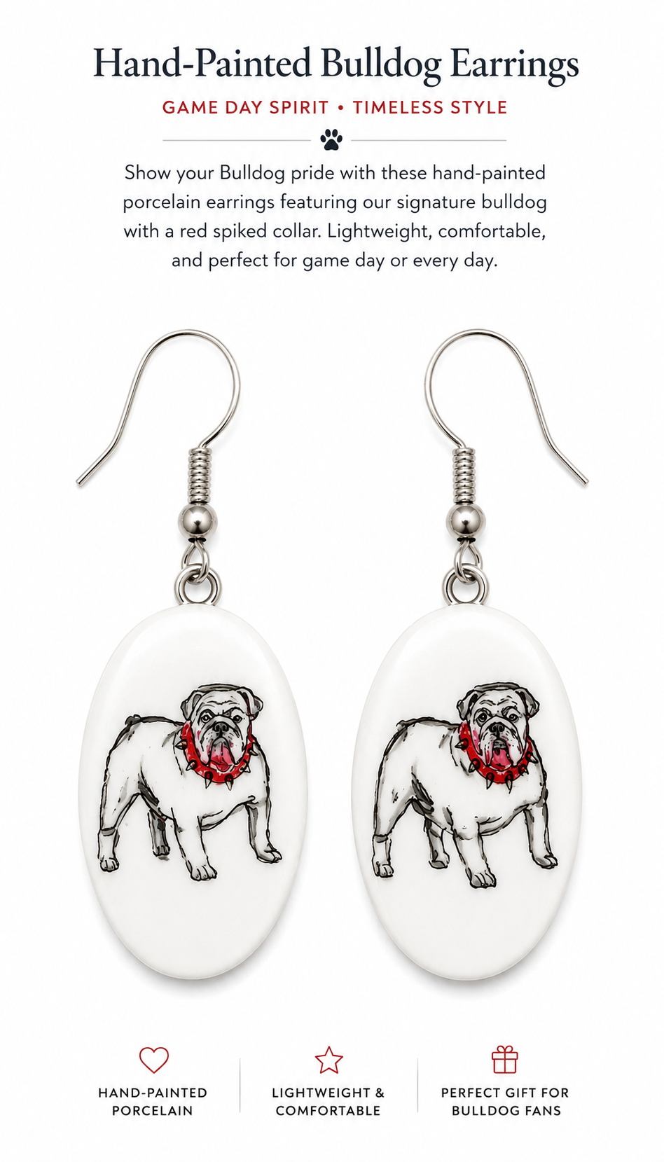 Hand-Painted Bulldog Porcelain Earrings – Game Day Statement Earrings