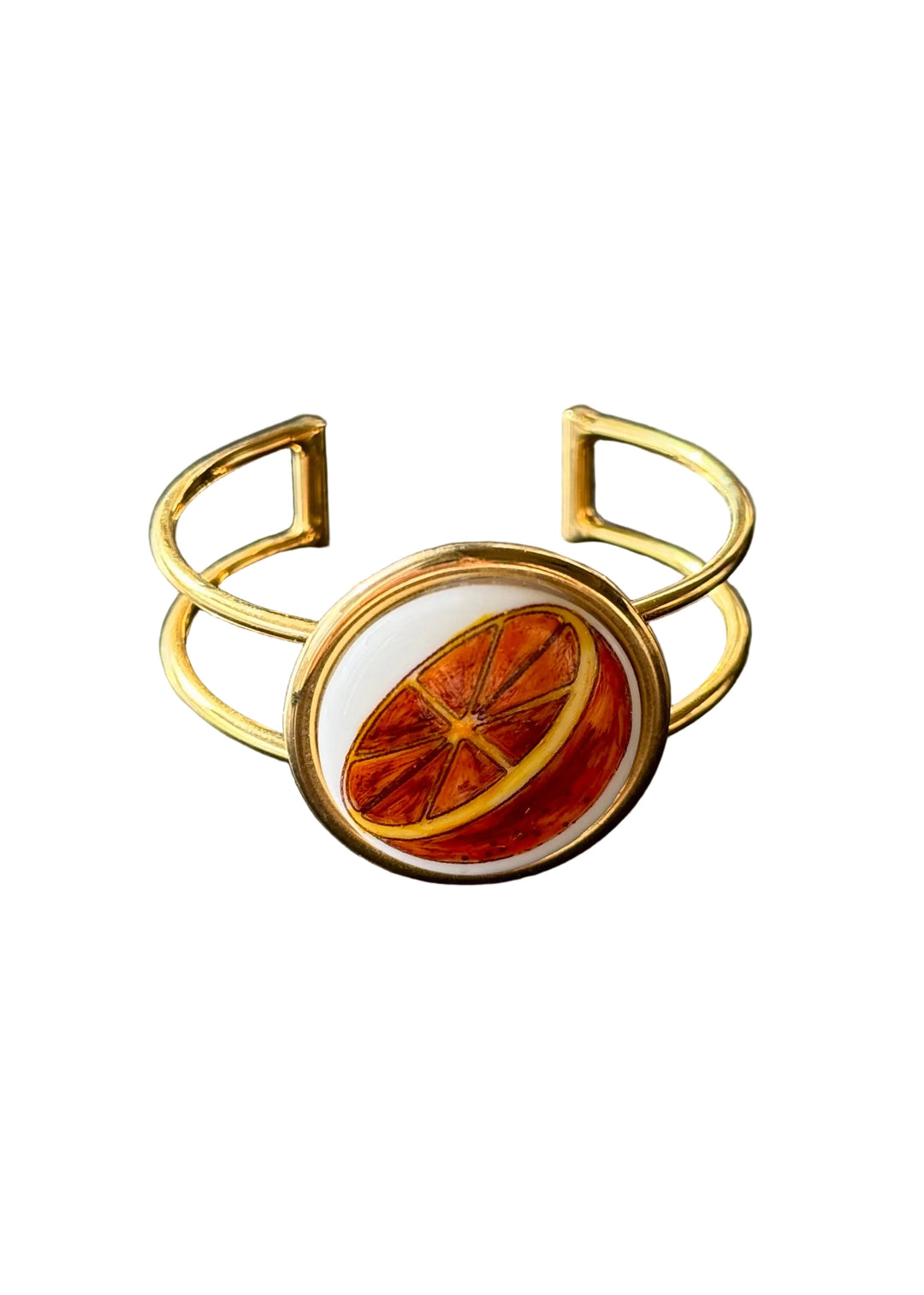 Hand-Painted Orange Slice Porcelain Pendant Gold Cuff Bracelet