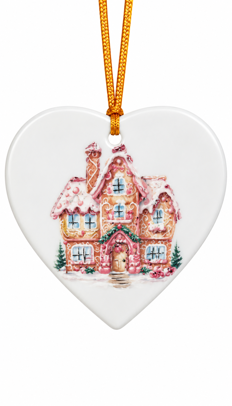 Hand-Painted Pink Gingerbread House Porcelain Heart Christmas Ornament