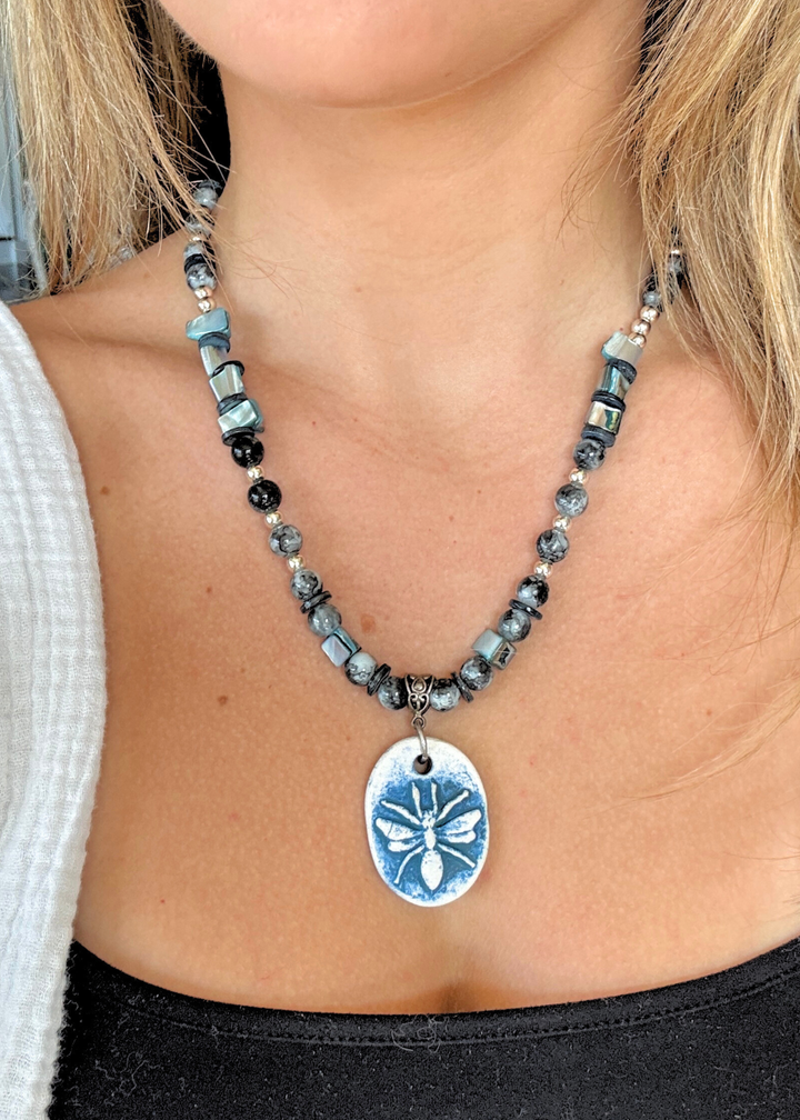 Dragonfly Porcelain Pendant Beaded Necklace
