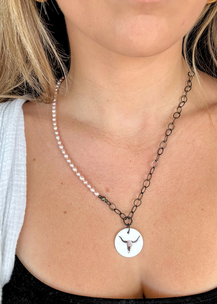 Western Pendant Necklace Pearl Chain skull