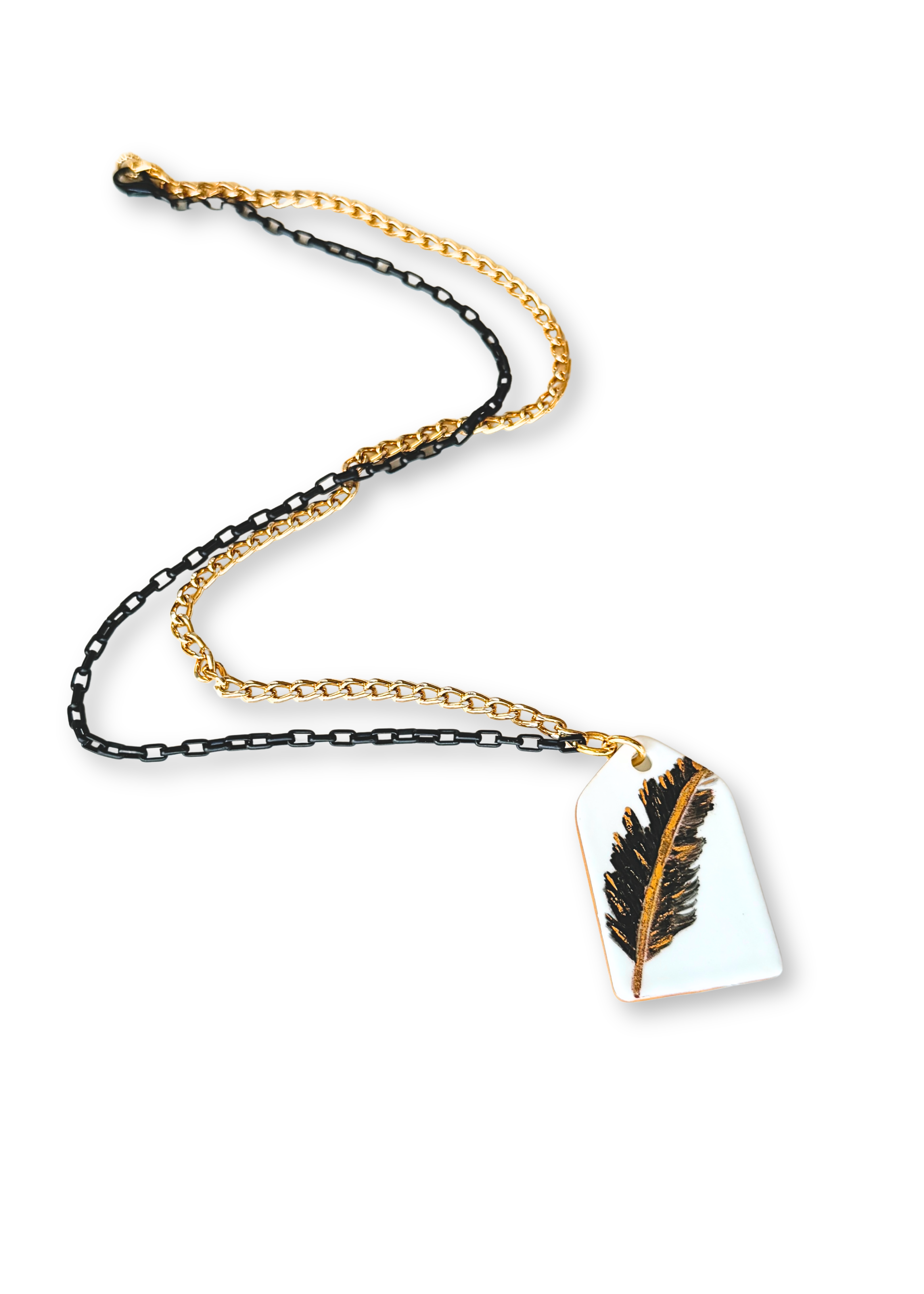 Black & Gold Feather Porcelain Necklace