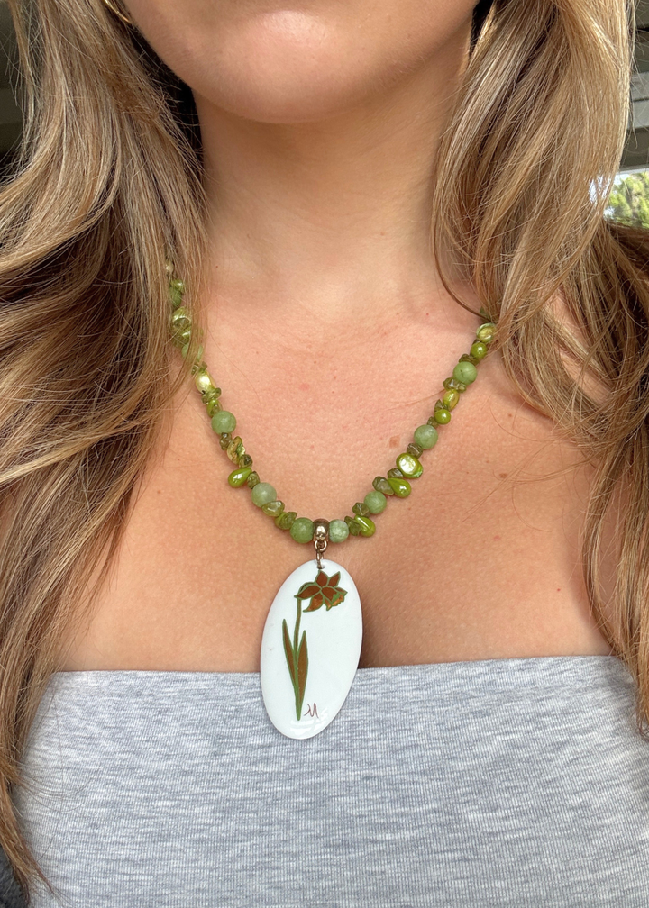 Daffodil Porcelain Pendant Beaded Necklace