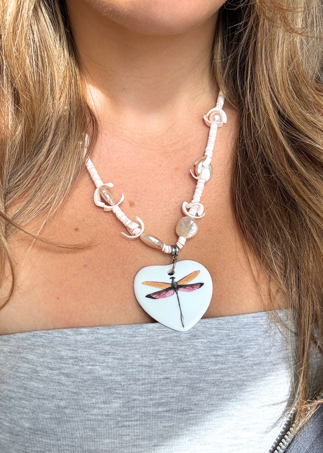 Dragonfly Porcelain Heart Pendant Necklace