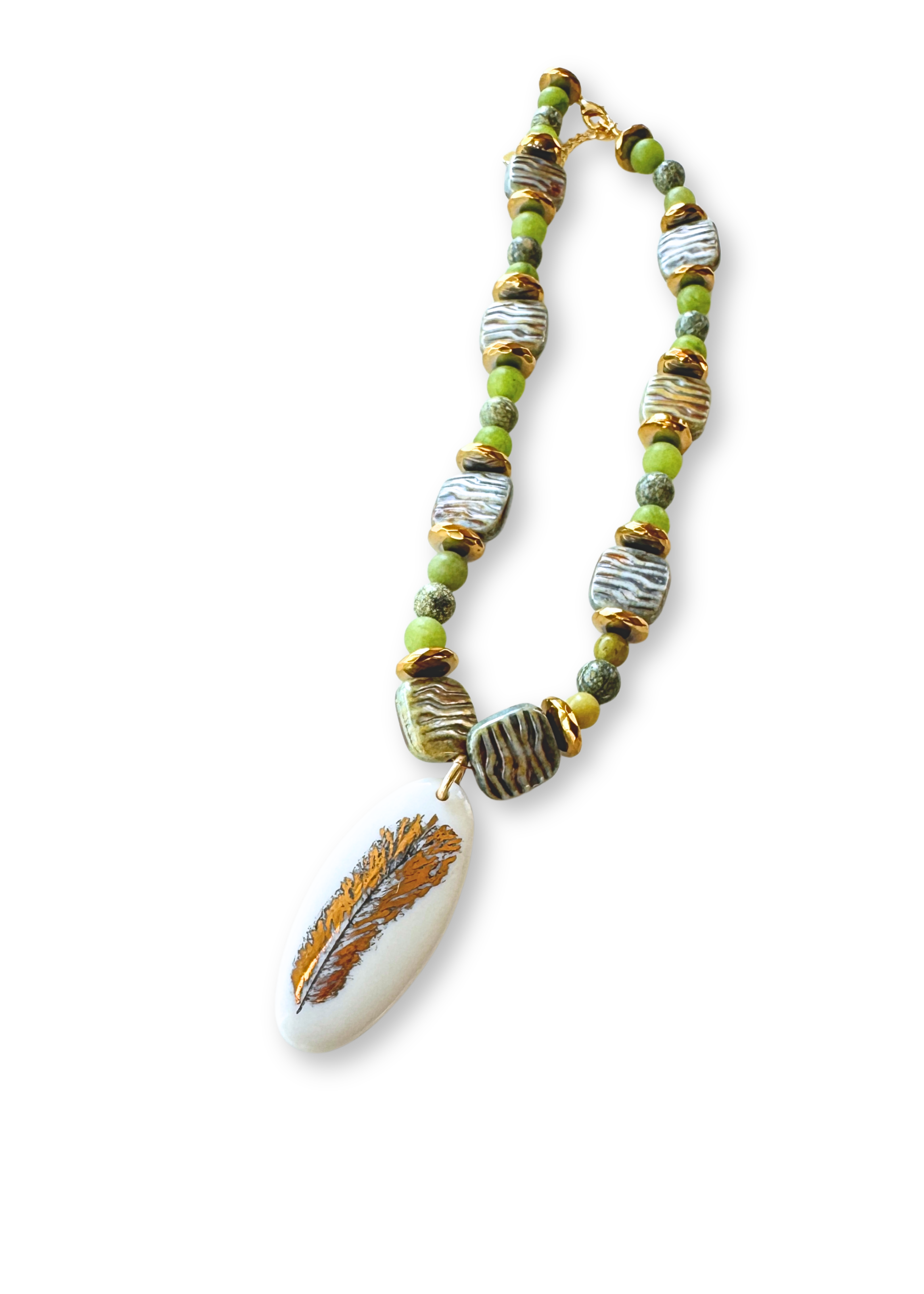 Golden Feather Porcelain Pendant Necklace