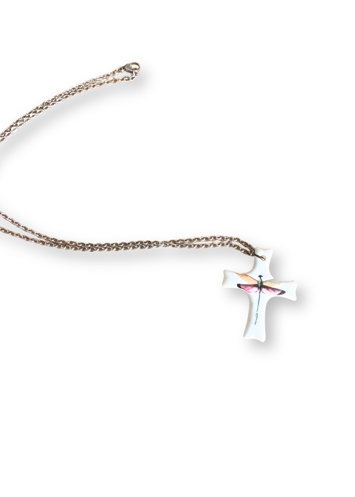 Dragonfly Cross Porcelain Necklace