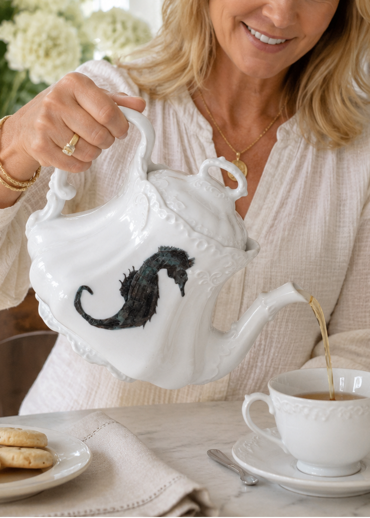 Hand-Painted Seahorse Porcelain Teapot – Elegant Coastal Tea Server