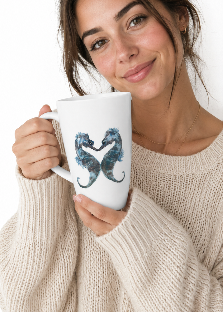Hand-Painted Seahorse Latte Mug – Coastal Porcelain Coffee Cup
