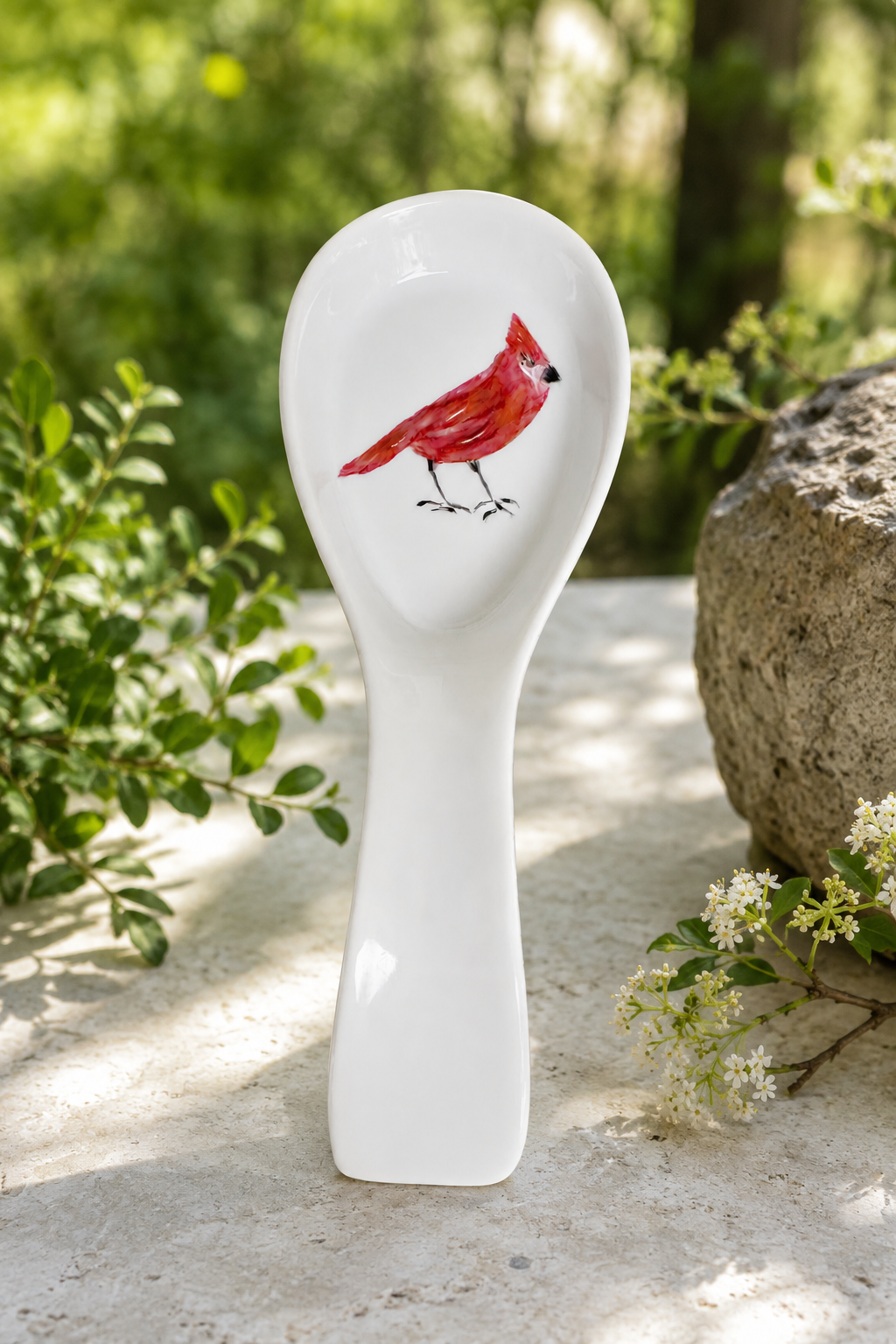 Cardinal Porcelain Spoon Rest – Hand-Painted Nature-Inspired Kitchen Accent