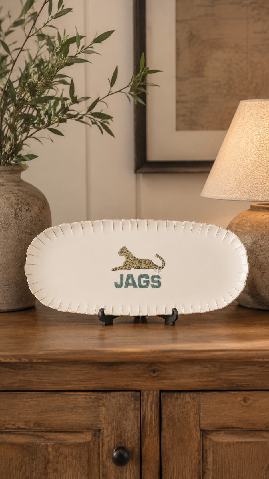 Hand-Painted Jaguars Porcelain Platter | 6" x 16" Artisan Serving Tray |