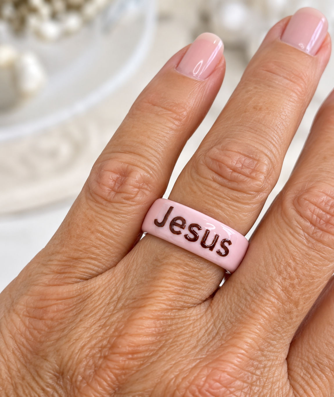 Hand-Painted Pink Porcelain Jesus Ring – Faith Jewelry