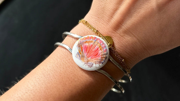 Hand-Painted Seashell Porcelain Pendant Silver Cuff Bracelet