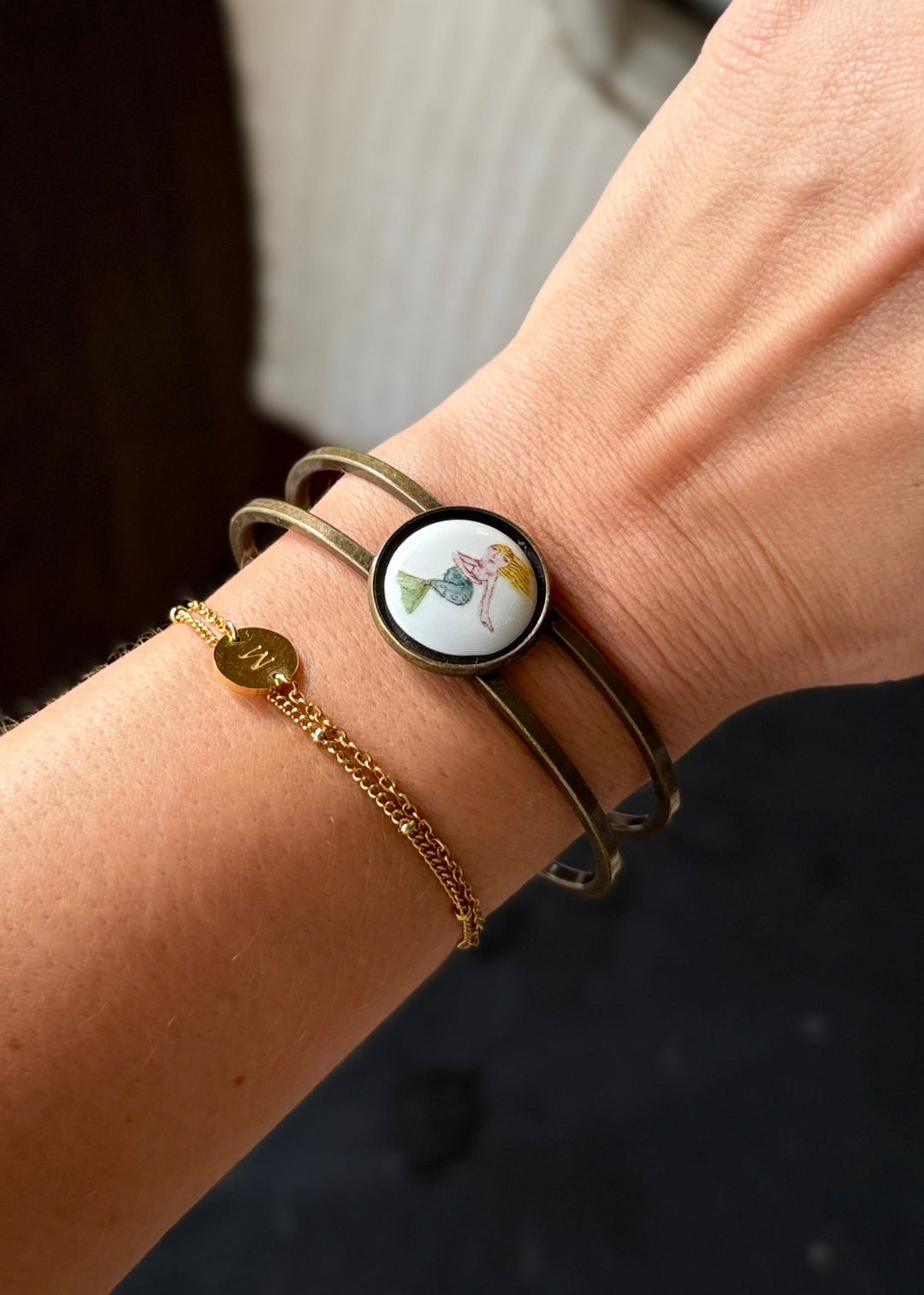 Mermaid Porcelain Pendant Bronze Cuff Bracelet