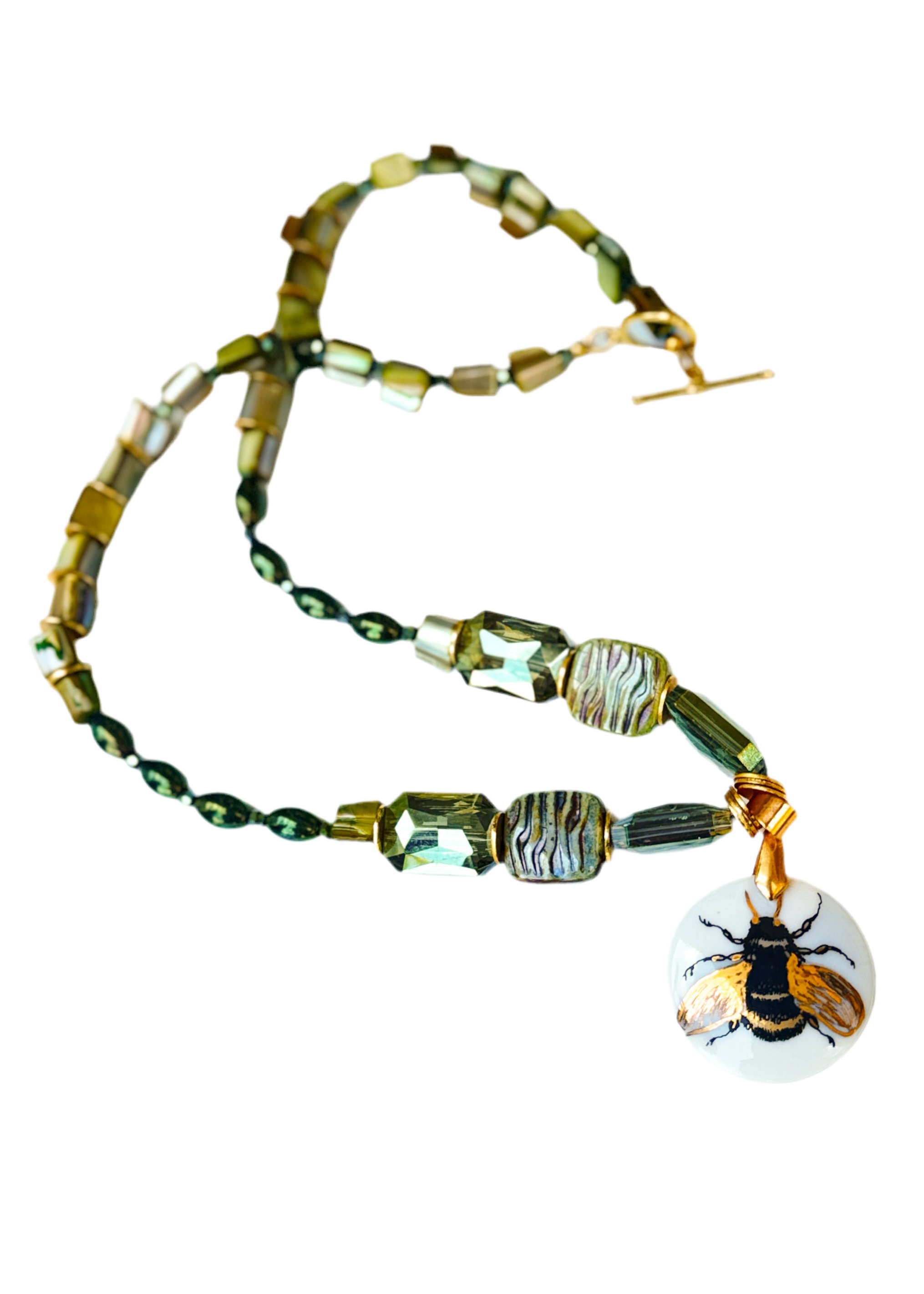 Bee Circle Porcelain Pendant Beaded Necklace
