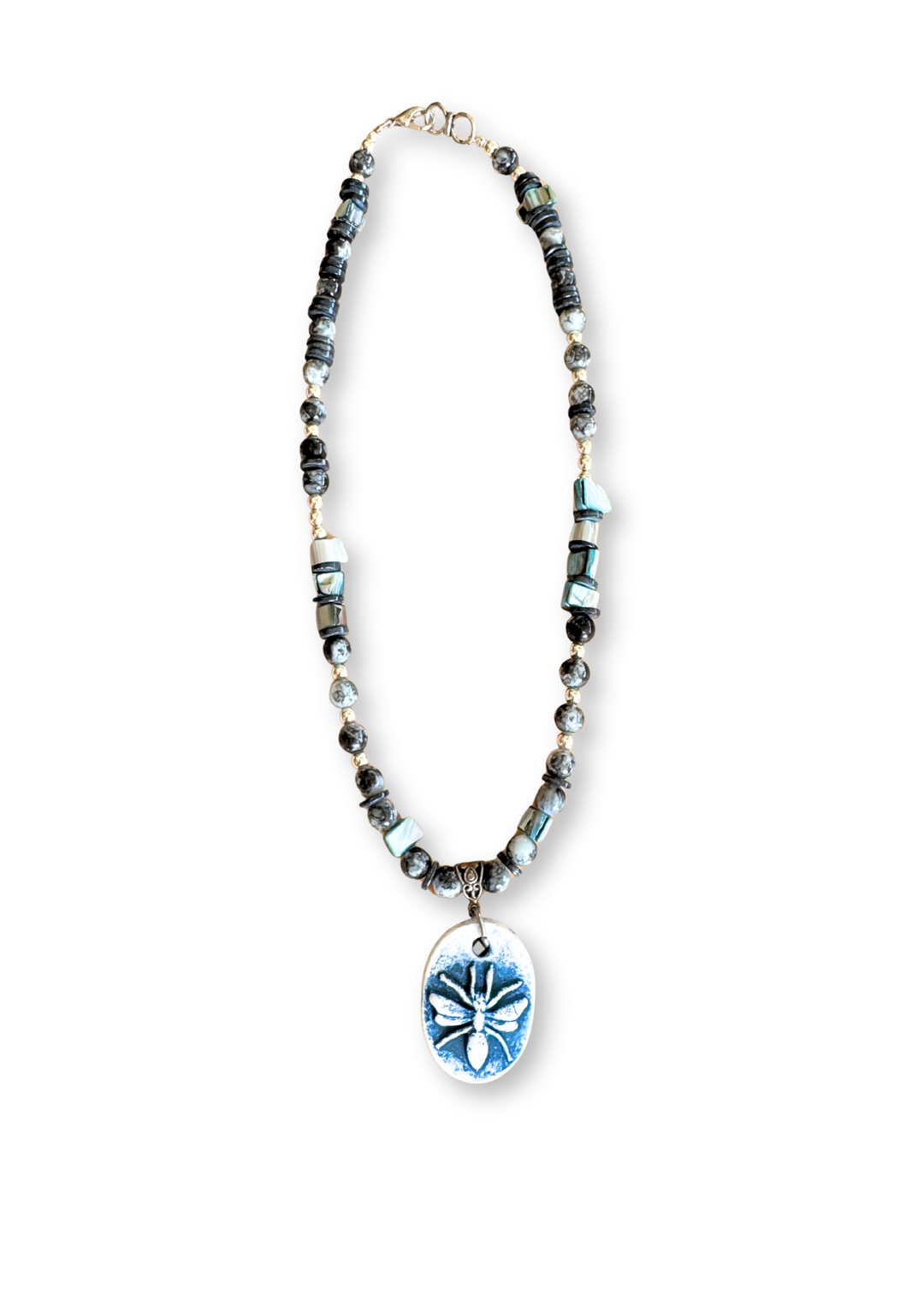 Dragonfly Porcelain Pendant Beaded Necklace