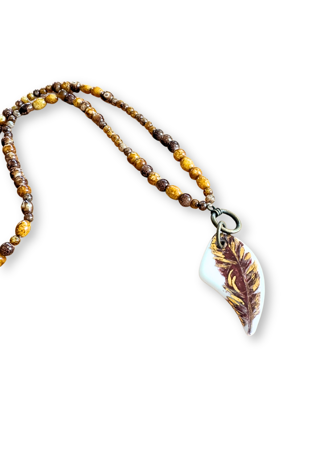 Feather Porcelain Pendant Beaded Necklace
