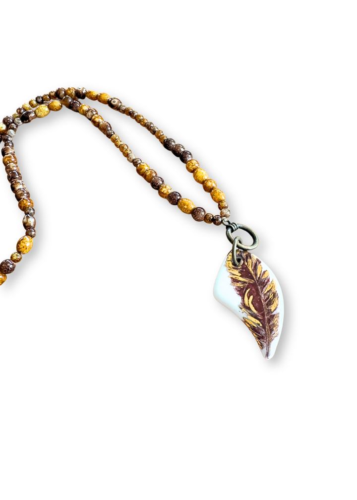 Feather Porcelain Pendant Beaded Necklace