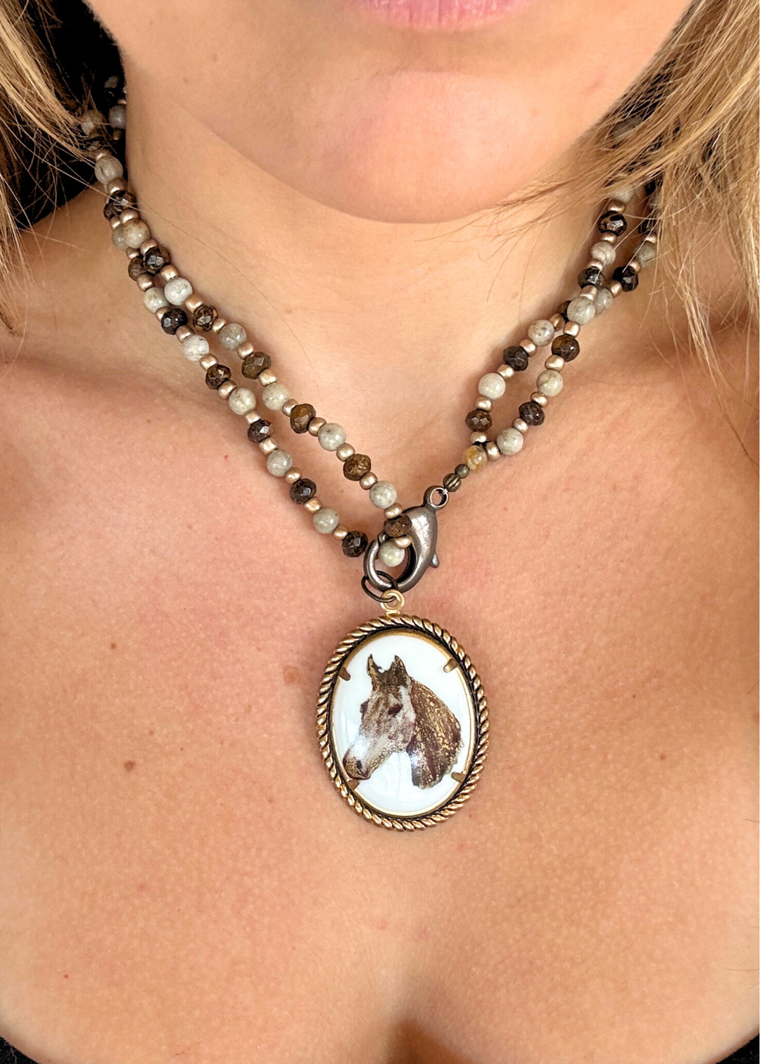Horse Porcelain Pendant Beaded Necklace