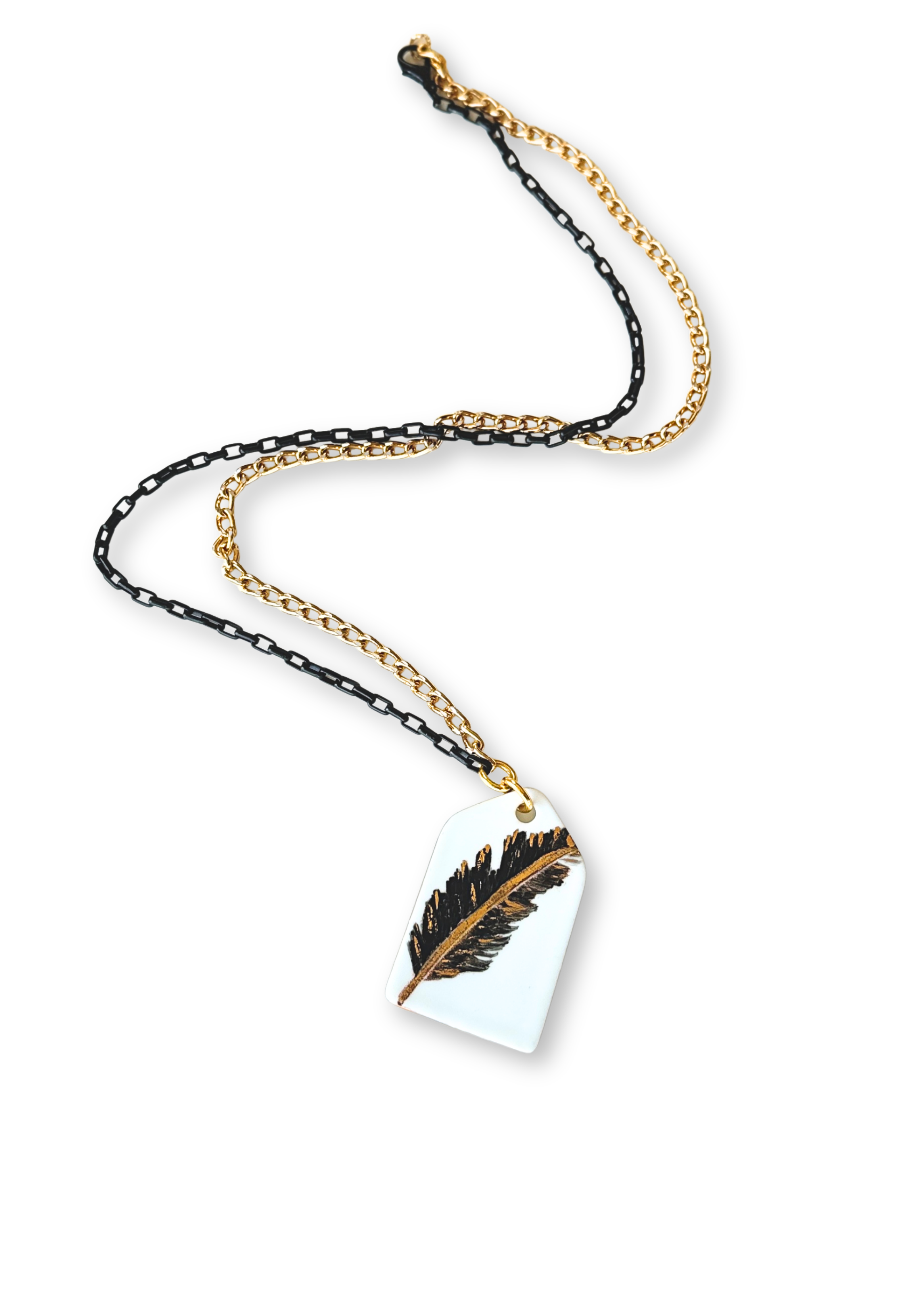 Black & Gold Feather Porcelain Necklace