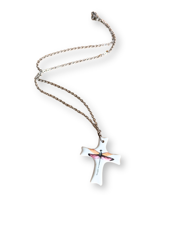 Dragonfly Cross Porcelain Necklace