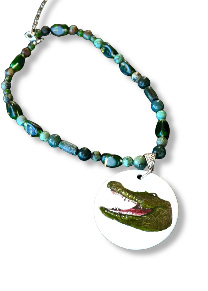 Hand Painted Porcelain Pendent Gator Game Day Beaded Necklace