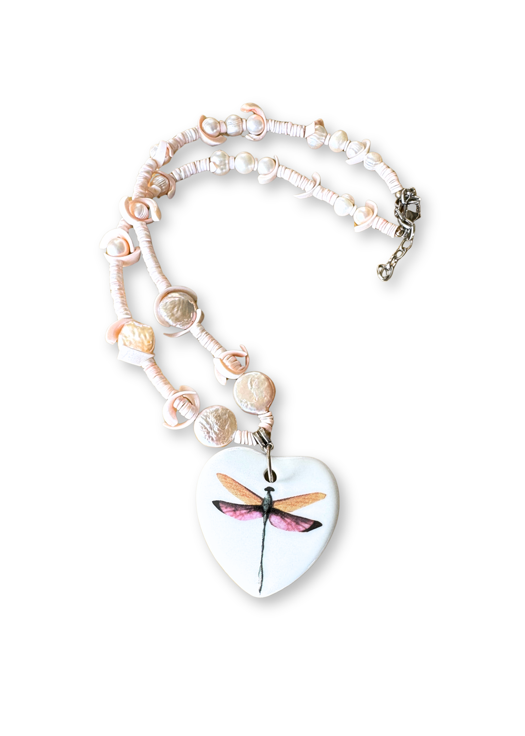 Dragonfly Porcelain Heart Pendant Necklace